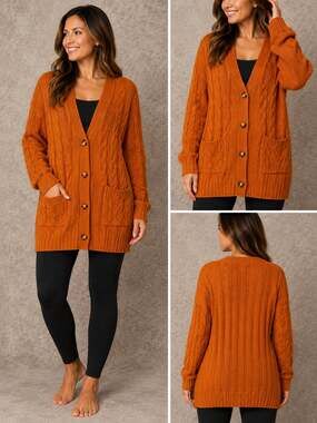MEROKEETY Women's Long Sleeve Cable Knit Button Down Cardigan Pocket Sweater